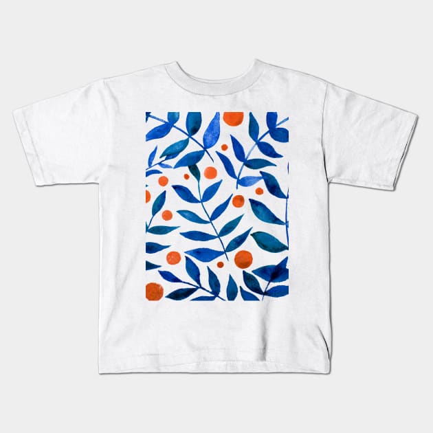 Watercolor branches and berries - blue and orange Kids T-Shirt by wackapacka